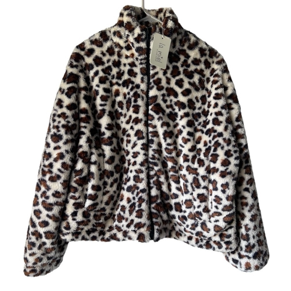 NWT Women's leopard la miel faux puffer coat print Jacket collar pockets size S